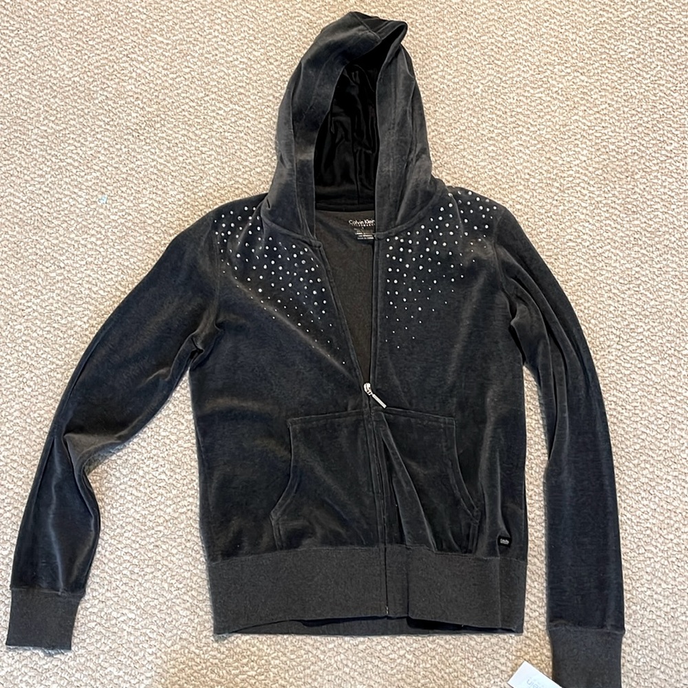 BRAND NEW Calvin Klein black velour hoodie, size S with rhinestones